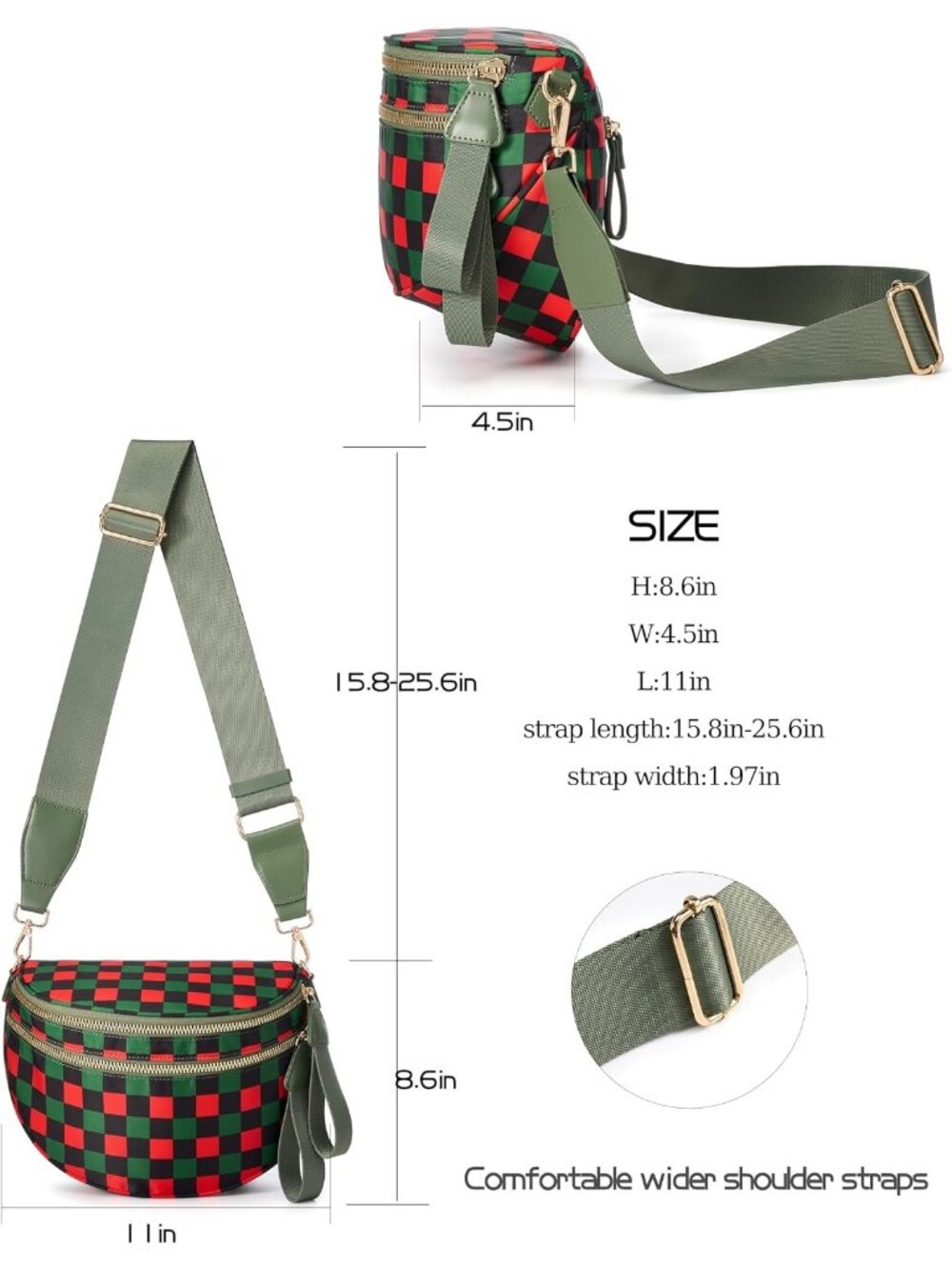 Women's Red Green Check Nylon Spacious Bum Bag Travel Purse Crossbody Bag - Picture 4 of 5